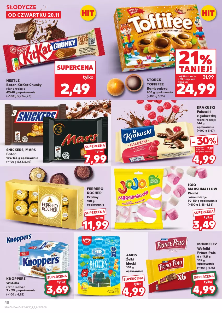Gazetka promocyjna Kaufland - Gazetka tygodnia - ważna 20.11 do 26.11.2025 - strona 40 - produkty: Baton, Bomboniera, Ferrero, Ferrero Rocher, Gala, Klocki, Knoppers, Krakus, Krakuski, Mars, Nestlé, Praliny, Prince Polo, Snickers, Toffifee