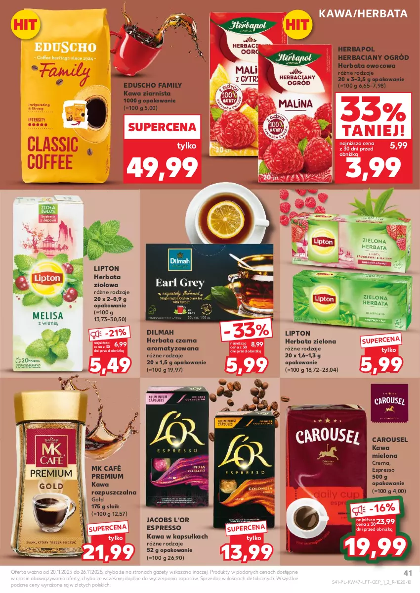 Gazetka promocyjna Kaufland - Gazetka tygodnia - ważna 20.11 do 26.11.2025 - strona 41 - produkty: Dilmah, Fa, Herbapol, Herbata, Herbata czarna, Herbata owocowa, Jacobs, Kawa, Kawa mielona, Kawa rozpuszczalna, Kawa ziarnista, Lipton, Ogród