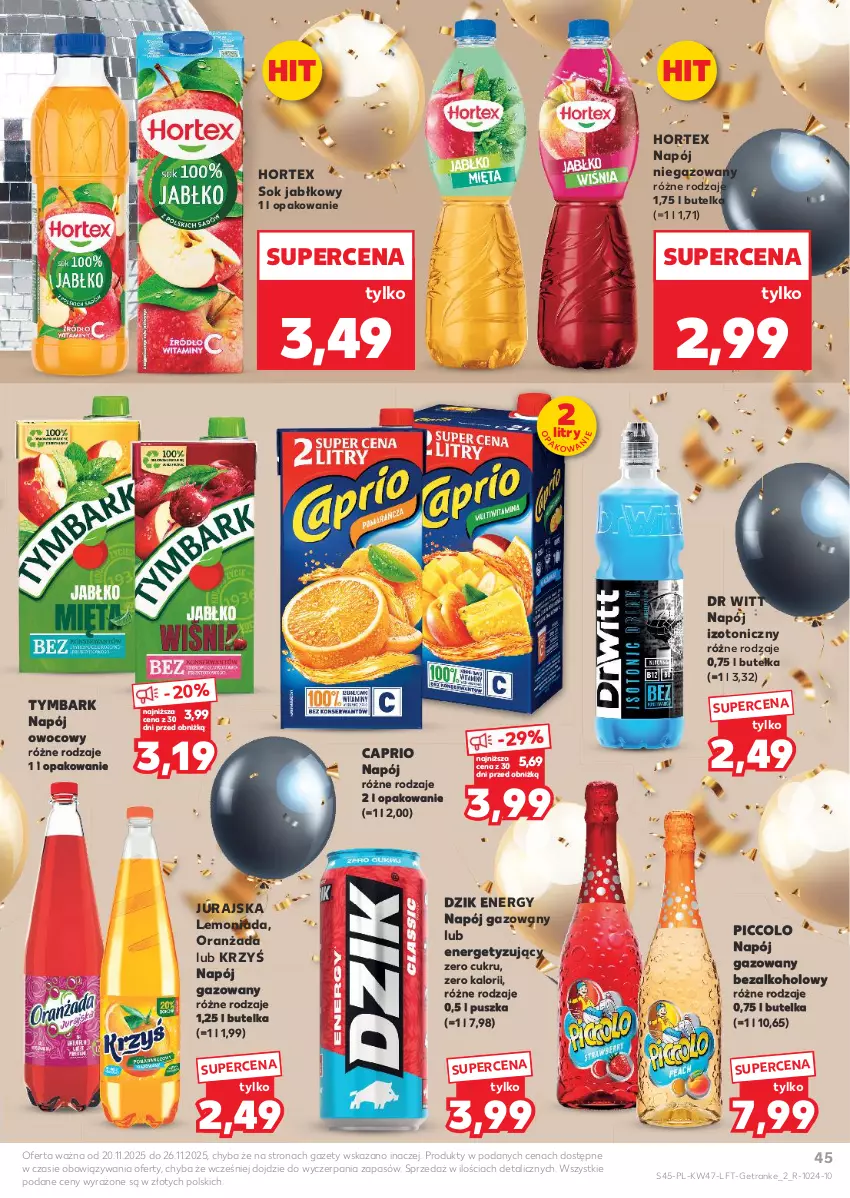 Gazetka promocyjna Kaufland - Gazetka tygodnia - ważna 20.11 do 26.11.2025 - strona 45 - produkty: Hortex, Lemoniada, Napój, Napój gazowany, Napój izotoniczny, Napój niegazowany, Oranżada, Sok, Sok jabłkowy, Tran, Tymbark