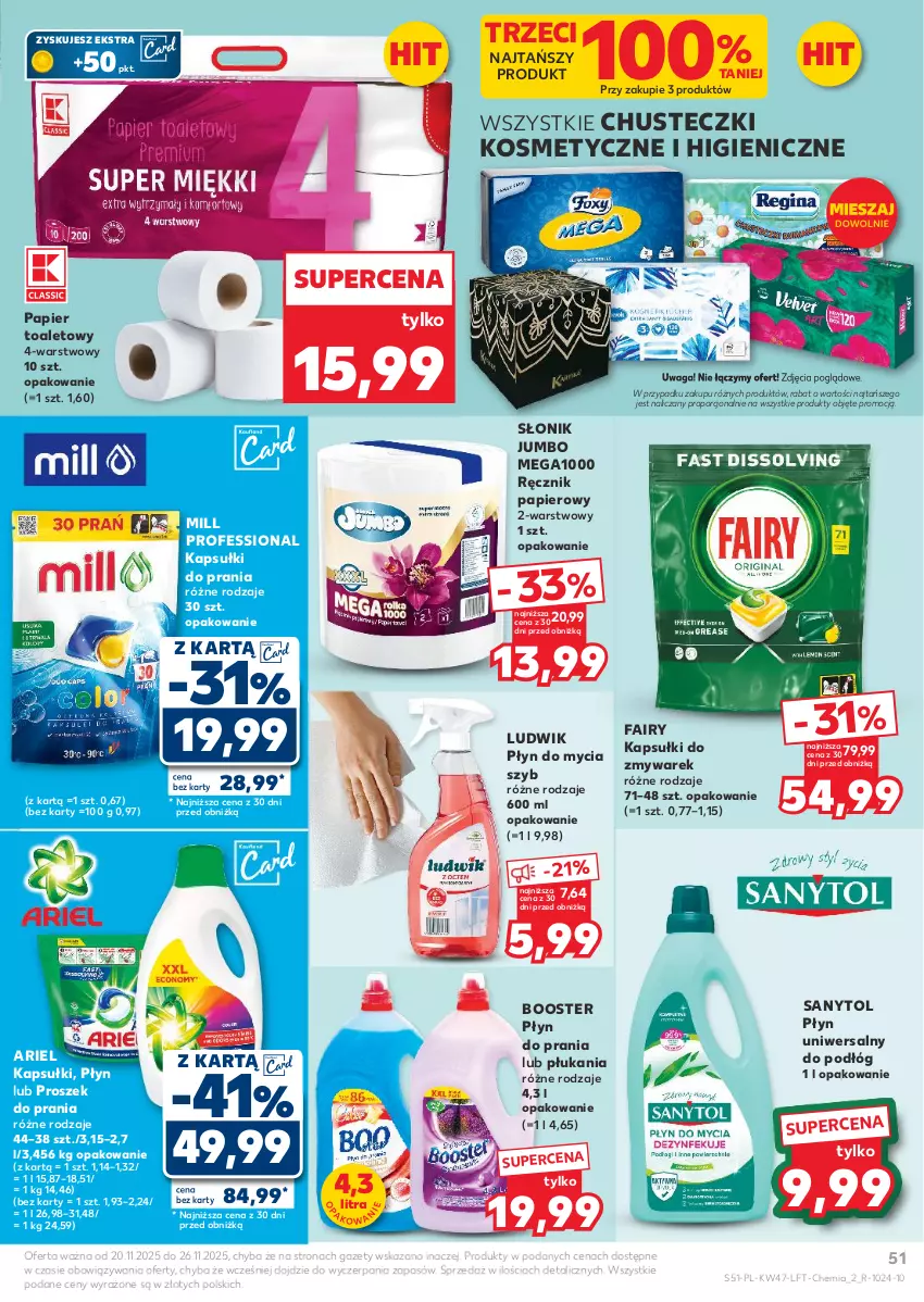 Gazetka promocyjna Kaufland - Gazetka tygodnia - ważna 20.11 do 26.11.2025 - strona 51 - produkty: Ariel, Booster, Chusteczki, Chusteczki kosmetyczne, Fa, Fairy, Kapsułki do prania, Ludwik, Papier, Papier toaletowy, Płyn do mycia, Płyn do prania, Por, Proszek do prania, Ręcznik, Sanytol, Waga