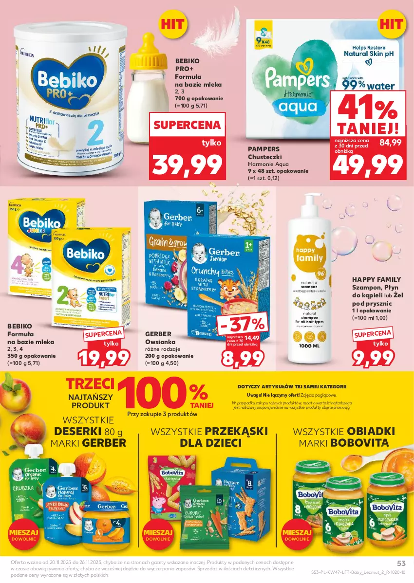 Gazetka promocyjna Kaufland - Gazetka tygodnia - ważna 20.11 do 26.11.2025 - strona 53 - produkty: Bebiko, BoboVita, Chusteczki, Deser, Dzieci, Fa, Gerber, Owsianka, Pampers, Płyn do kąpieli, Por, Ser, Szampon, Waga