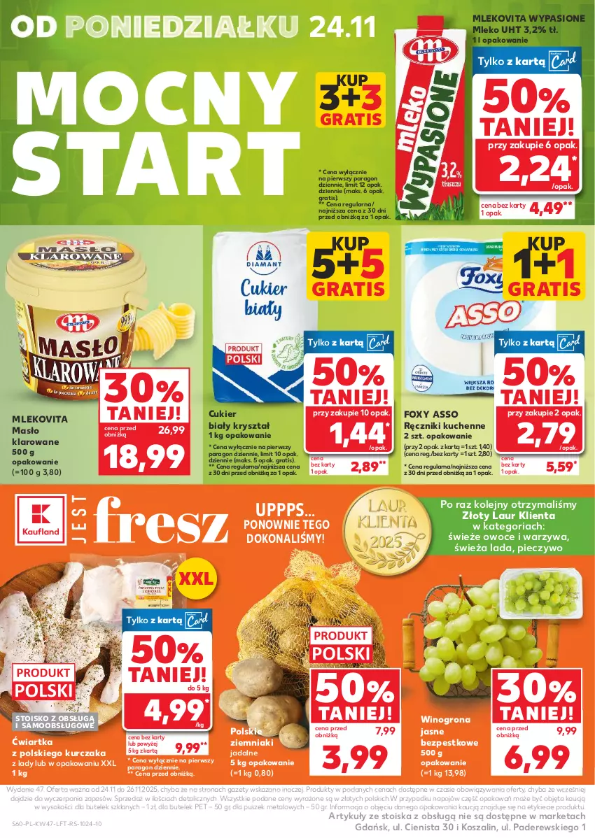 Gazetka promocyjna Kaufland - Gazetka tygodnia - ważna 20.11 do 26.11.2025 - strona 60 - produkty: Cukier, Foxy, Gra, Kosz, Kurczak, Laur, Masło, Masło klarowane, Mleko, Mlekovita, Olej, Owoce, Piec, Pieczywo, Ręcznik, Sok, Szal, Warzywa, Wino, Winogrona, Ziemniaki