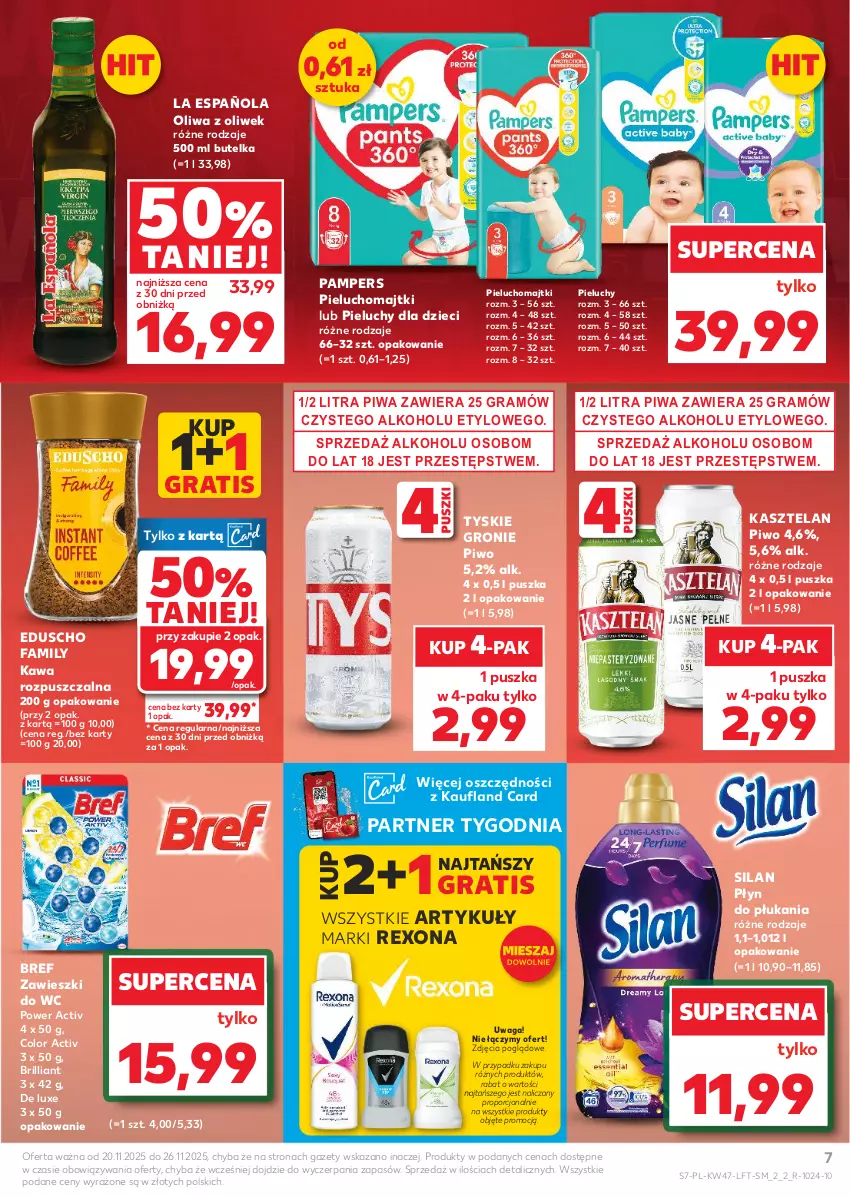 Gazetka promocyjna Kaufland - Gazetka tygodnia - ważna 20.11 do 26.11.2025 - strona 7 - produkty: Bref, Dzieci, Fa, Gra, Kasztelan, Kawa, Kawa rozpuszczalna, Majtki, Oliwa, Oliwa z oliwek, Pampers, Pieluchomajtki, Pieluchy, Piwa, Piwo, Płyn do płukania, Por, Rexona, Silan, Tyskie, Waga, Zawieszki