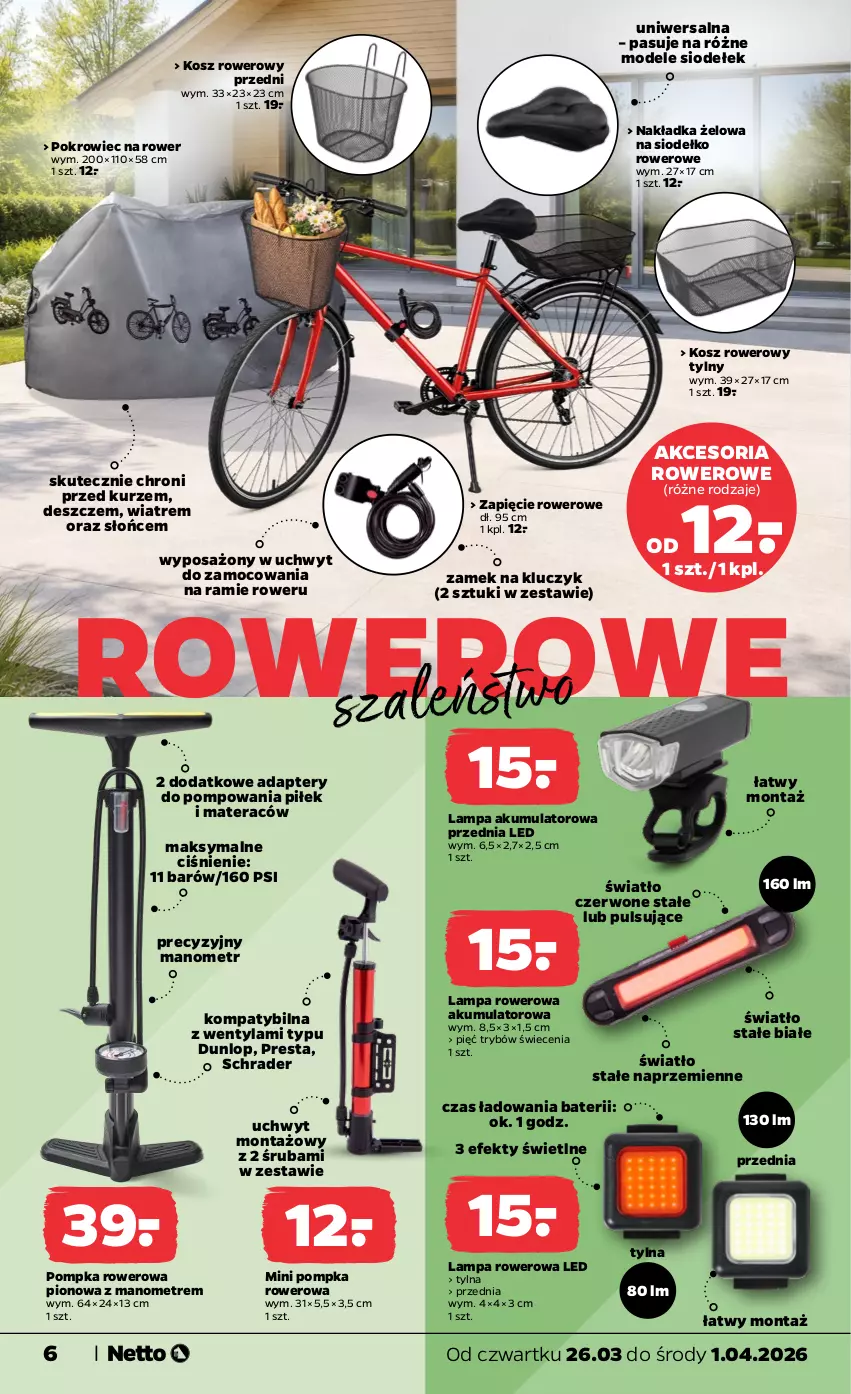 Gazetka promocyjna Netto - Od Czwartku - ważna 26.03 do 01.04.2026 - strona 6 - produkty: Akumulator, Kosz, Kosz rowerowy, Lampa, Materac, Pokrowiec, Pompka, Rower, Szal, Tera