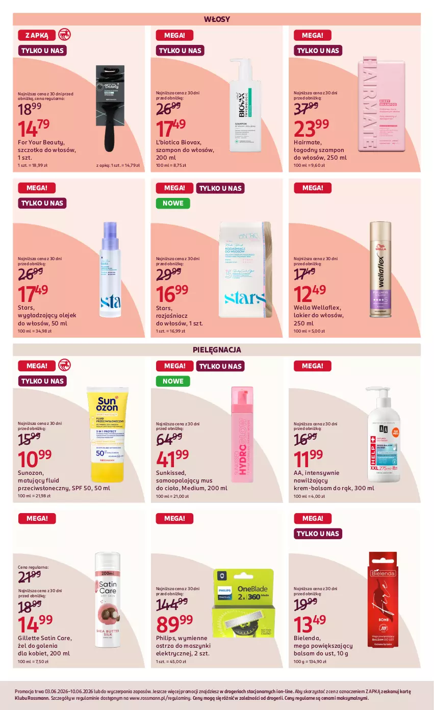 Gazetka promocyjna Rossmann - Gazetka promocyjna Rossmanna - ważna 03.06 do 10.06.2026 - strona 4 - produkty: Balsam do ust, Bielenda, Biovax, For Your Beauty, Gillette, Lakier, Lakier do włosów, Mus, Olej, Philips, Sati, Szampon, Szczotka, Szczotka do włosów, Wella, Wellaflex