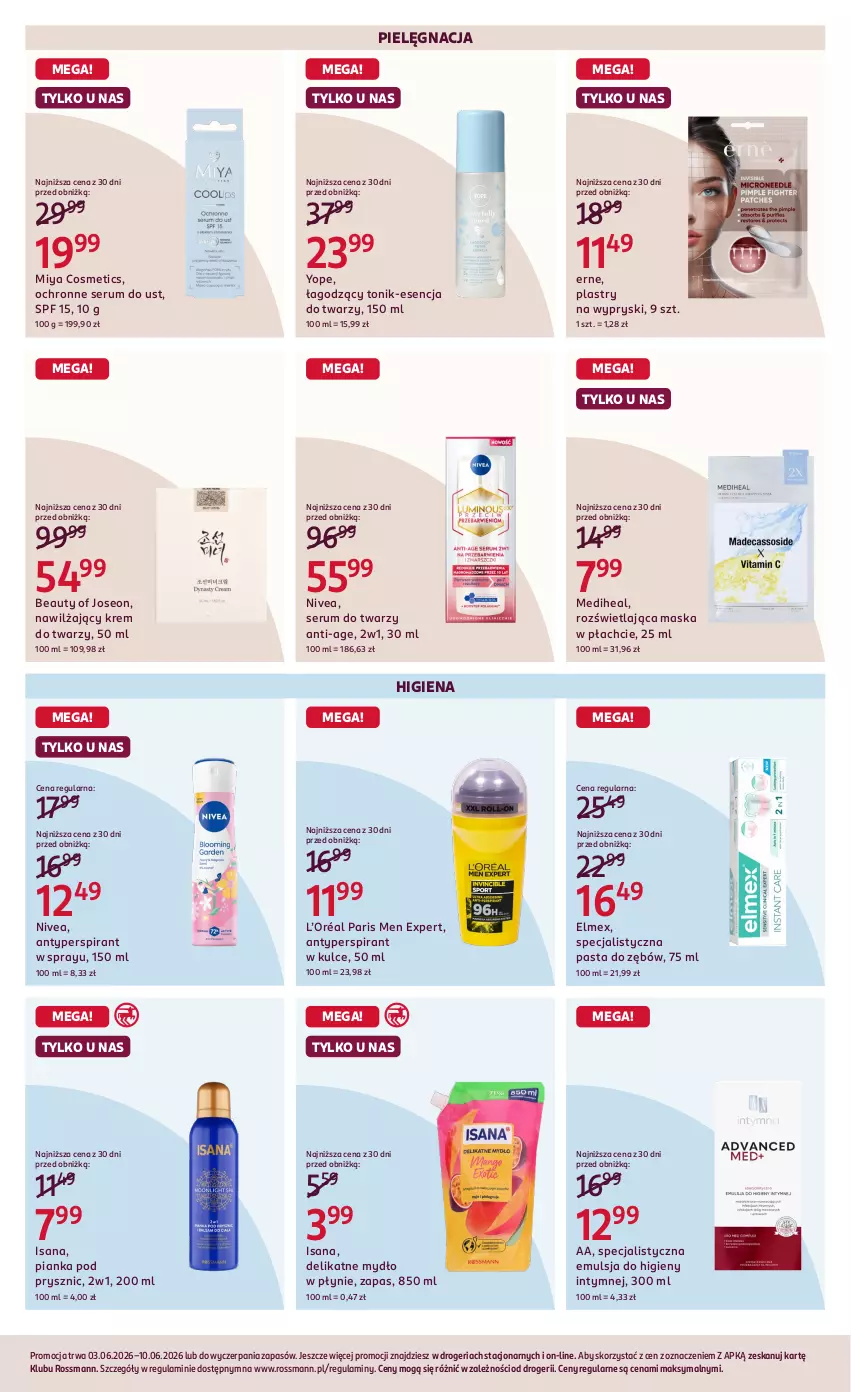 Gazetka promocyjna Rossmann - Gazetka promocyjna Rossmanna - ważna 03.06 do 10.06.2026 - strona 5 - produkty: Antyperspirant, Elmex, Emulsja, Isana, Krem do twarzy, L’Oréal, Maska, Maska w płachcie, Miya Cosmetics, Mydło, Mydło w płynie, Nivea, Pasta do zębów, Pianka pod prysznic, Rum, Ser, Serum, Serum do twarzy, Tonik, Yope