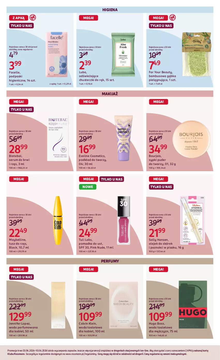 Gazetka promocyjna Rossmann - Gazetka promocyjna Rossmanna - ważna 03.06 do 10.06.2026 - strona 6 - produkty: Bell, BIOTEBAL, Bourjois, Calvin Klein, Chusteczki, Eveline, Fa, Facelle, For Your Beauty, Hugo Boss, Lack, Makijaż, Maybelline, Olej, Perfum, Podkład, Podkład do twarzy, Podpaski, Puder, Puder do twarzy, Rum, Sally Hansen, Ser, Serum, Tusz, Woda, Woda perfumowana, Woda toaletowa