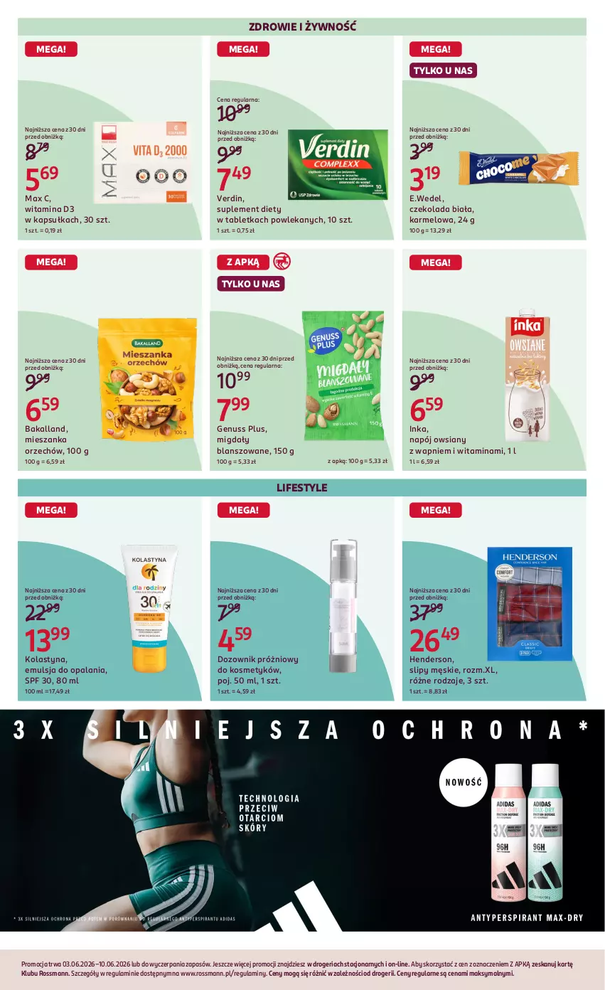 Gazetka promocyjna Rossmann - Gazetka promocyjna Rossmanna - ważna 03.06 do 10.06.2026 - strona 7 - produkty: Bakalland, Czekolada, Dozownik, Emulsja, Genuss Plus, Inka, Migdały, Napój, Slipy, Suplement diety, Tablet, Zdrowie