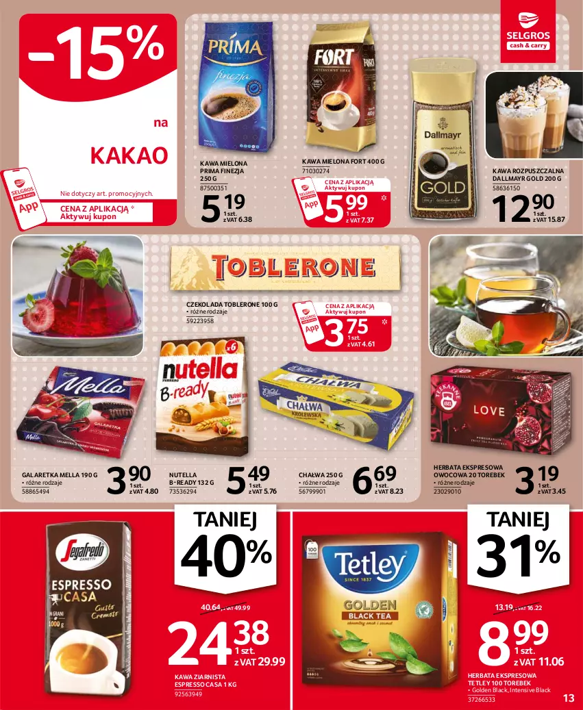 Gazetka promocyjna Selgros - Oferta spożywcza - ważna 18.02 do 24.02.2021 - strona 13 - produkty: Chałwa, Czekolada, Dallmayr, Gala, Galaretka, Herbata, Kakao, Kawa, Kawa mielona, Kawa rozpuszczalna, Kawa ziarnista, Lack, Nutella, Prima, Tetley, Toblerone