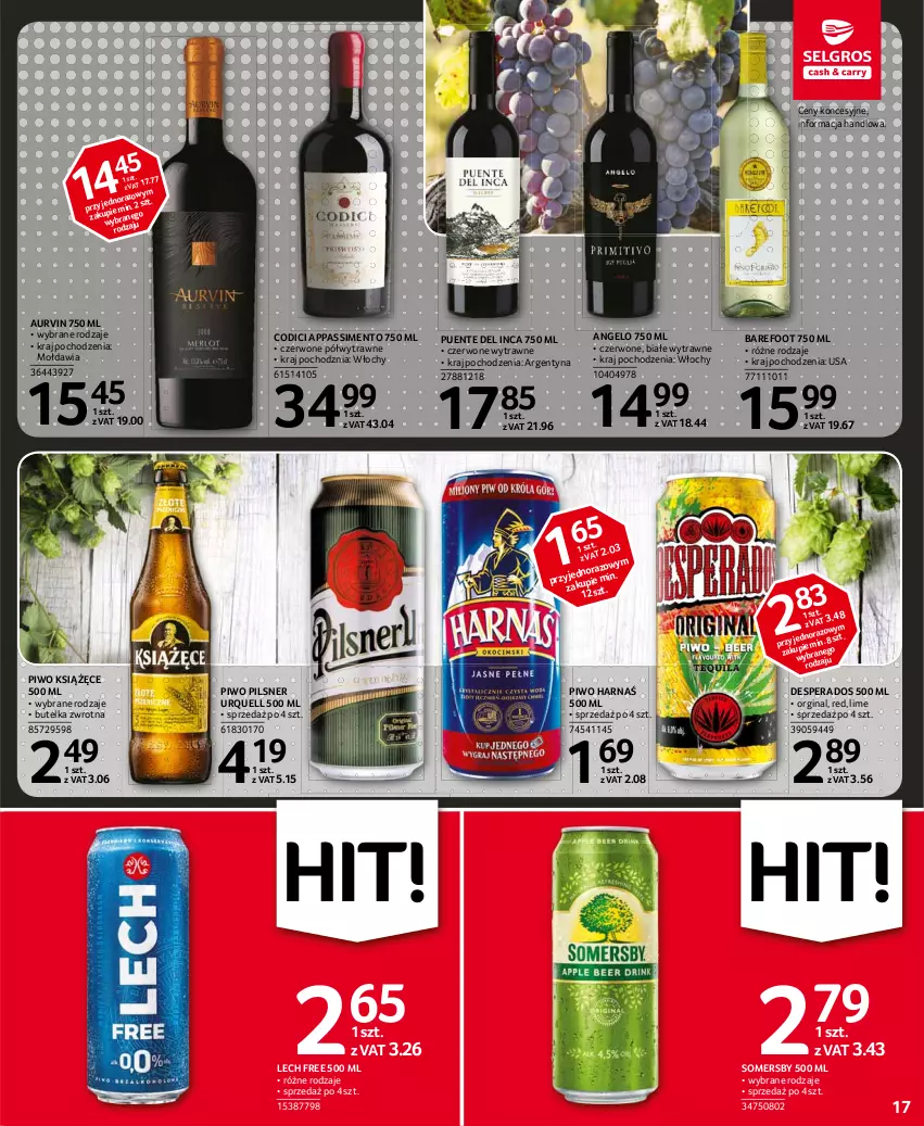 Gazetka promocyjna Selgros - Oferta spożywcza - ważna 18.02 do 24.02.2021 - strona 17 - produkty: Barefoot, Desperados, Gin, Harnaś, Książęce, Pilsner Urquell, Piwo, Somersby