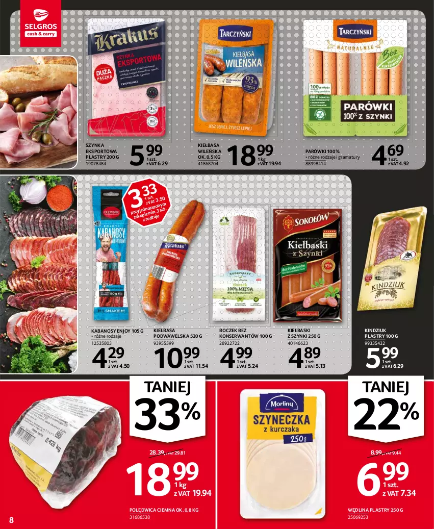 Gazetka promocyjna Selgros - Oferta spożywcza - ważna 18.02 do 24.02.2021 - strona 8 - produkty: Boczek, Gra, Kabanos, Kiełbasa, Kiełbasa podwawelska, Kindziuk, Parówki, Polędwica, Por, Rama, Ser, Sport, Szynka, Wawel, Wędlina