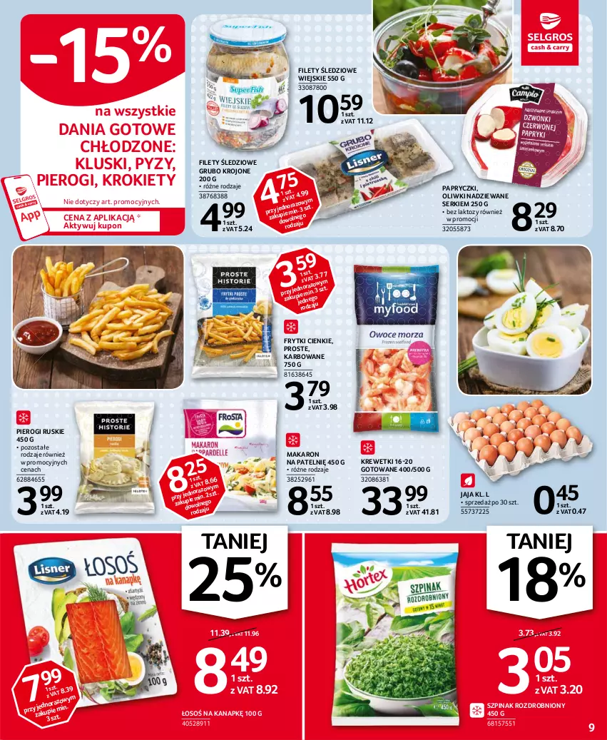 Gazetka promocyjna Selgros - Oferta spożywcza - ważna 18.02 do 24.02.2021 - strona 9 - produkty: Dania gotowe, Frytki, Jaja, Krewetki, Krokiety, Makaron, Oliwki, Pierogi, Ser, Szpinak