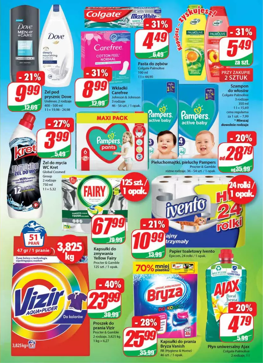 Gazetka promocyjna Dino - Gazetka - ważna 18.08 do 24.08.2021 - strona 19 - produkty: Ajax, Bryza, Carefree, Colgate, Dove, Fa, Fairy, Kapsułki do prania, Kret, LG, Majtki, Palmolive, Pampers, Papier, Papier toaletowy, Pasta do zębów, Pieluchomajtki, Pieluchy, Proszek do prania, Rolki, Szampon, Vanish, Vizir