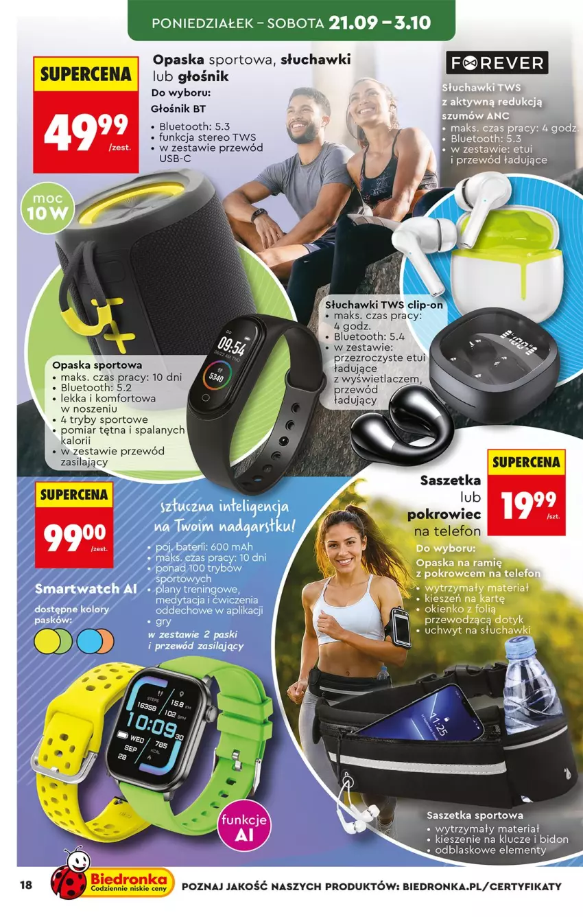 Gazetka promocyjna Biedronka - Okazje Tygodnia - ważna 19.09 do 03.10.2026 - strona 18 - produkty: Głośnik, Gry, Opaska, Pokrowiec, Por, Przewód, Słuchawki, Sport, Telefon