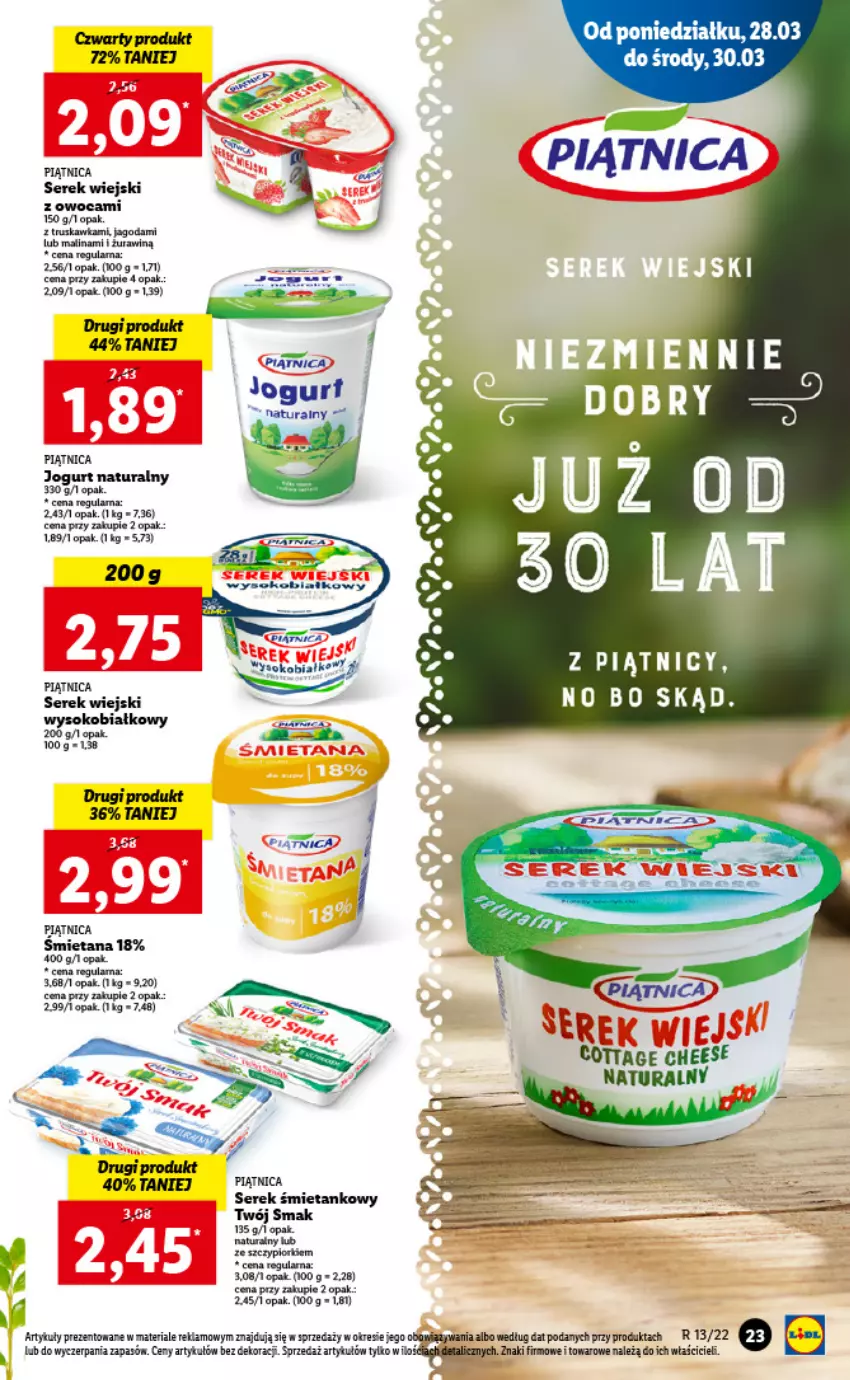 Gazetka promocyjna Lidl - GAZETKA - ważna 28.03 do 30.03.2022 - strona 23 - produkty: Jogurt, Jogurt naturalny, Piątnica, Ser, Serek, Serek wiejski