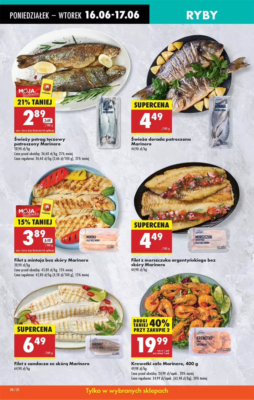 Gazetka promocyjna Biedronka - Od Poniedziałku - ważna 16.06 do 21.06.2025 - strona 28 - produkty: Fa, Filet z mintaja, Filet z morszczuka, Filet z sandacza, Krewetki, Mintaj, Pstrąg, Pstrąg tęczowy, Sandacz
