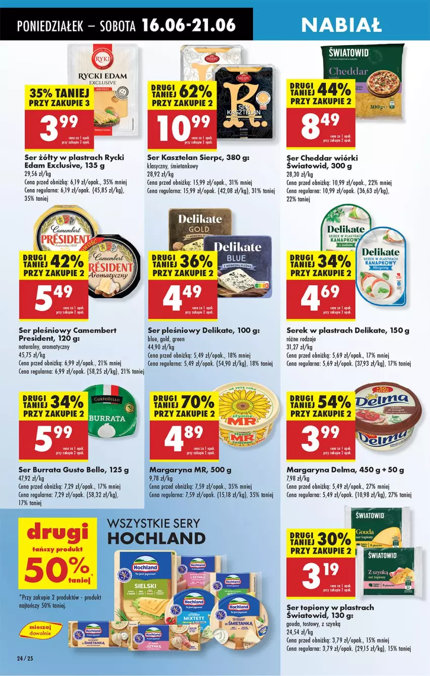 Gazetka promocyjna Biedronka - Od Poniedziałku - ważna 16.06 do 21.06.2025 - strona 38 - produkty: AEG, Bell, Burrata, Camembert, Cheddar, Delma, Edam, Gouda, Kasztelan, Margaryna, Rycki Edam, Ser, Ser Kasztelan, Ser pleśniowy, Ser topiony, Serek, Top