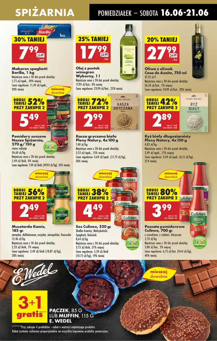 Gazetka promocyjna Biedronka - Od Poniedziałku - ważna 16.06 do 21.06.2025 - strona 45 - produkty: Barilla, Gry, Kamis, Kasza, Kasza gryczana, Makaron, Mus, Musztarda, Olej, Oliwa, Oliwa z oliwek, Pączek, Pomidory, Por, Ryż, Sos, Spaghetti, Stek, Wiko, Wino