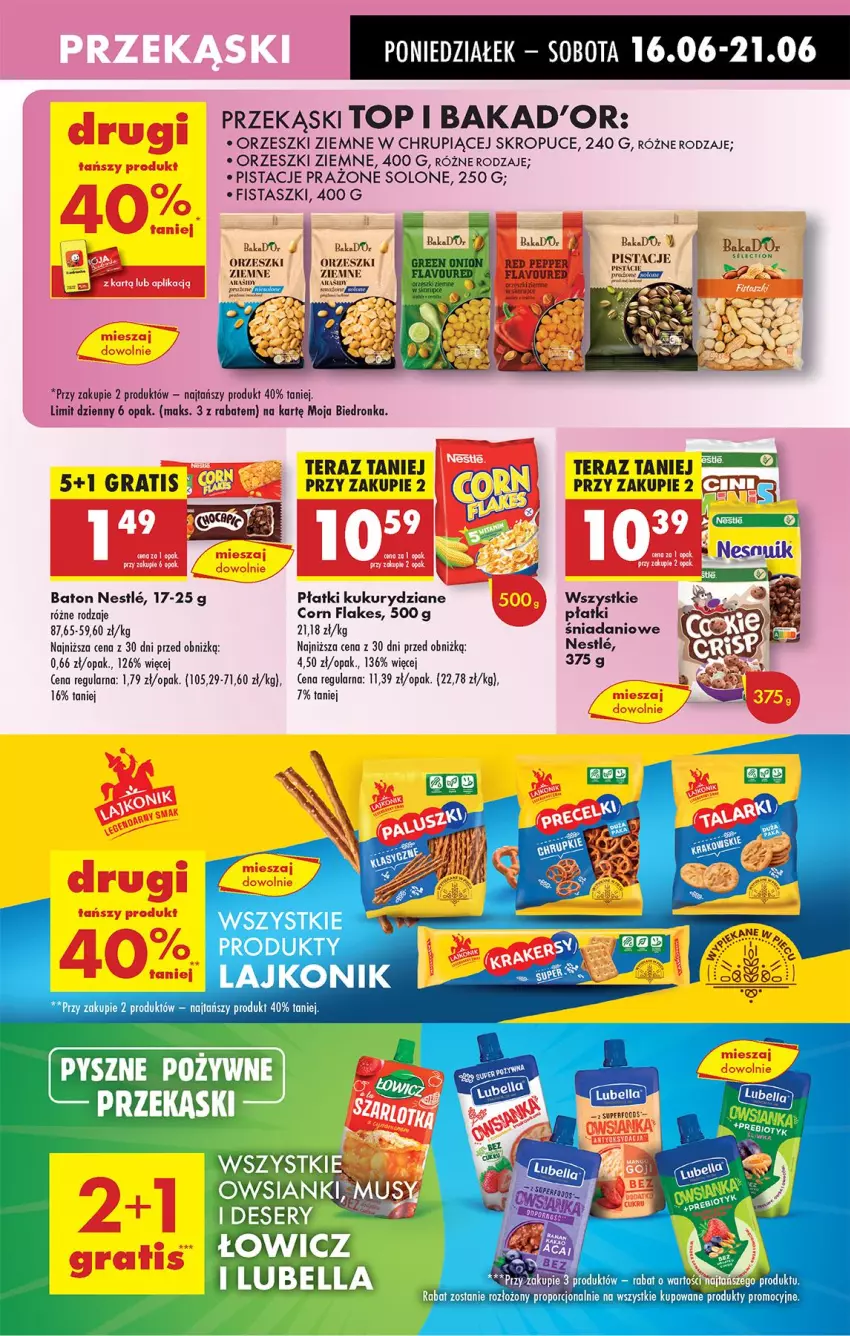 Gazetka promocyjna Biedronka - Od Poniedziałku - ważna 16.06 do 21.06.2025 - strona 49 - produkty: Baton, Corn flakes, Danio, Deser, Gra, Lajkonik, Mola, Orzeszki, Orzeszki ziemne, Pistacje, Por, Ser, Tera, Top
