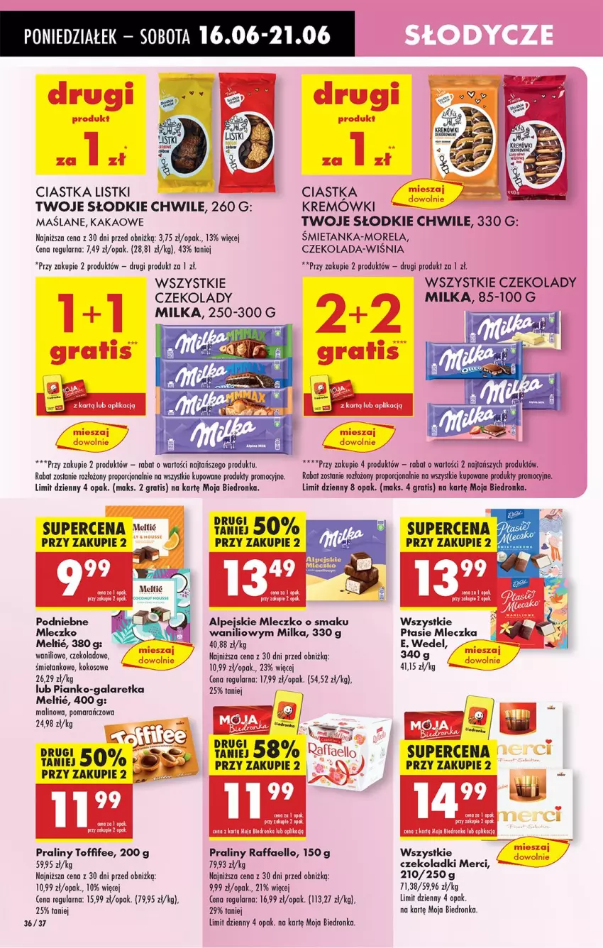 Gazetka promocyjna Biedronka - Od Poniedziałku - ważna 16.06 do 21.06.2025 - strona 50 - produkty: Ciastka, Czekolada, E. Wedel, Fa, Gala, Galaretka, Gra, Kakao, Kokos, Merci, Milka, Mleczko, Morela, Por, Praliny, Raffaello, Toffifee