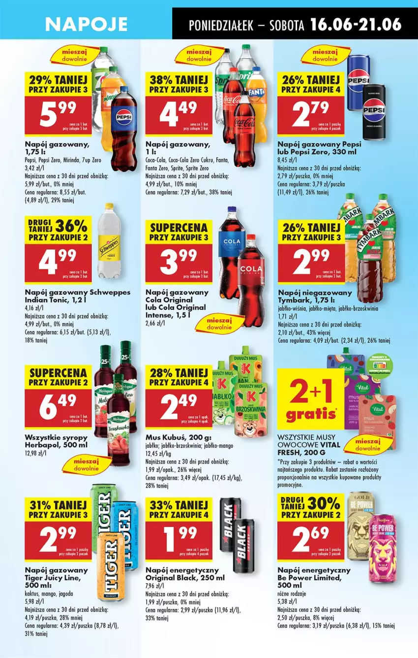 Gazetka promocyjna Biedronka - Od Poniedziałku - ważna 16.06 do 21.06.2025 - strona 57 - produkty: 7up, Coca-Cola, Fa, Fanta, Gin, Herbapol, Kaktus, Kubuś, Lack, Mango, Mięta, Mirinda, Mus, Napój, Napój energetyczny, Napój gazowany, Napoje, Pepsi, Por, Schweppes, Sprite, Syrop, Syropy, Tiger