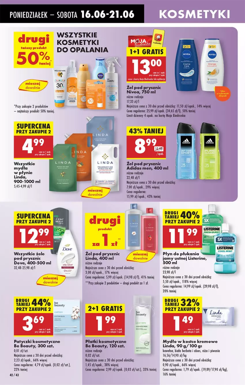 Gazetka promocyjna Biedronka - Od Poniedziałku - ważna 16.06 do 21.06.2025 - strona 60 - produkty: Adidas, Be Be, Dove, Gra, Herbata, Kosmetyczne płatki, Listerine, Mydło, Nivea, Patyczki kosmetyczne, Piwo, Płatki kosmetyczne, Płyn do płukania, Róża, Wełna