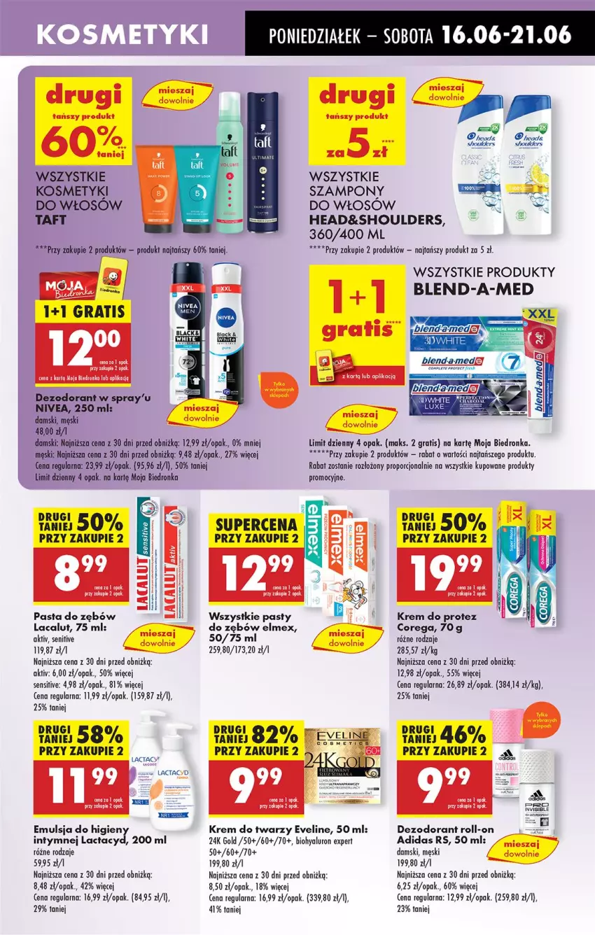 Gazetka promocyjna Biedronka - Od Poniedziałku - ważna 16.06 do 21.06.2025 - strona 61 - produkty: Adidas, Blend-a-Med, Corega, Dezodorant, Elmex, Emulsja, Eveline, Fa, Gra, Krem do twarzy, Lacalut, Lactacyd, Nivea, Pasta do zębów, Por, Szampon, Taft