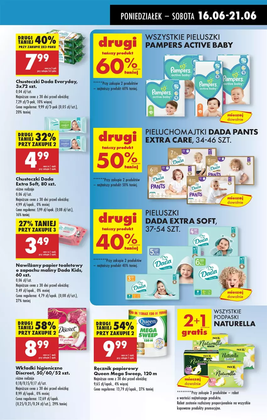 Gazetka promocyjna Biedronka - Od Poniedziałku - ważna 16.06 do 21.06.2025 - strona 69 - produkty: Chusteczki, Dada, Discreet, Fa, Majtki, Maliny, Naturell, Naturella, Nawilżany papier, Pampers, Papier, Papier toaletowy, Pieluchomajtki, Podpaski, Por, Ręcznik, Wkładki