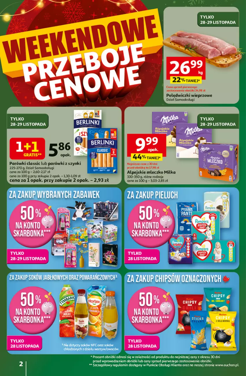 Gazetka promocyjna Auchan - Święta jak babcię kocham Hipermarket - ważna 27.11 do 03.12.2025 - strona 2 - produkty: Milka, Mleczko, Parówki, Parówki z szynki, Top