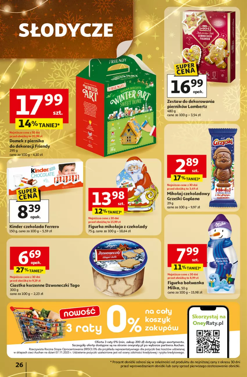 Gazetka promocyjna Auchan - Święta jak babcię kocham Hipermarket - ważna 27.11 do 03.12.2025 - strona 26 - produkty: Ciastka, Czekolada, Fa, Ferrero, Figurka bałwan, Goplana, Grześki, Kinder, Kosz, LANA, Milka, Piernik, Tago, Top