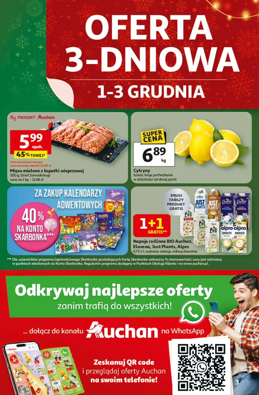 Gazetka promocyjna Auchan - Święta jak babcię kocham Hipermarket - ważna 27.11 do 03.12.2025 - strona 3 - produkty: Alpro, Gra, Kalendarz, Mięso, Mięso mielone, Mięso mielone z łopatki wieprzowej, Napoje