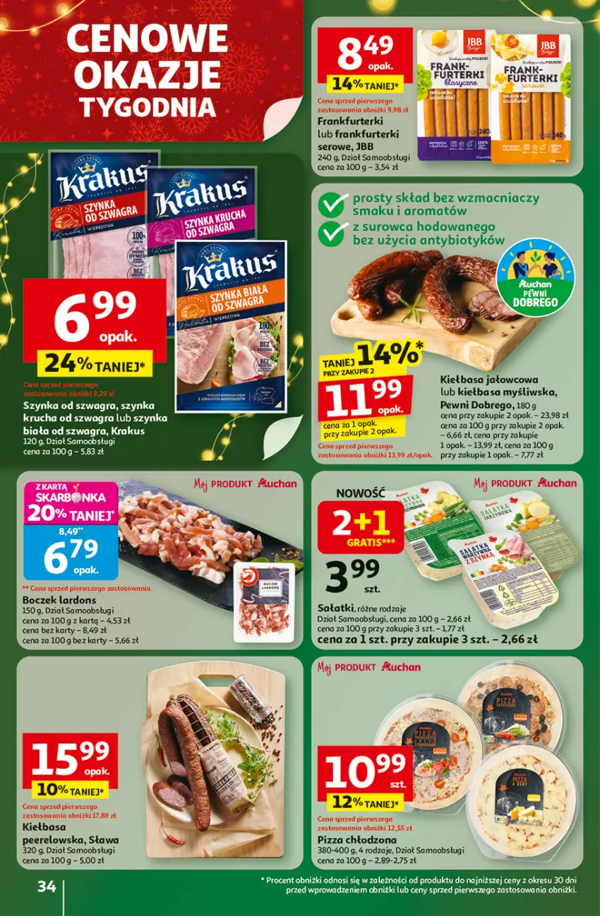 Gazetka promocyjna Auchan - Święta jak babcię kocham Hipermarket - ważna 27.11 do 03.12.2025 - strona 34 - produkty: Boczek, Frankfurterki, Gra, Kiełbasa, Krakus, Pizza, Sałat, Ser, Szynka, Szynka biała
