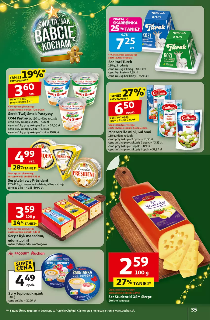Gazetka promocyjna Auchan - Święta jak babcię kocham Hipermarket - ważna 27.11 do 03.12.2025 - strona 35 - produkty: Brie, Camembert, Cebula, Edam, Galbani, Maasdam, Mozzarella, Piątnica, Ser, Ser kozi, Ser pleśniowy, Ser topiony, Serek, Top, Twój Smak