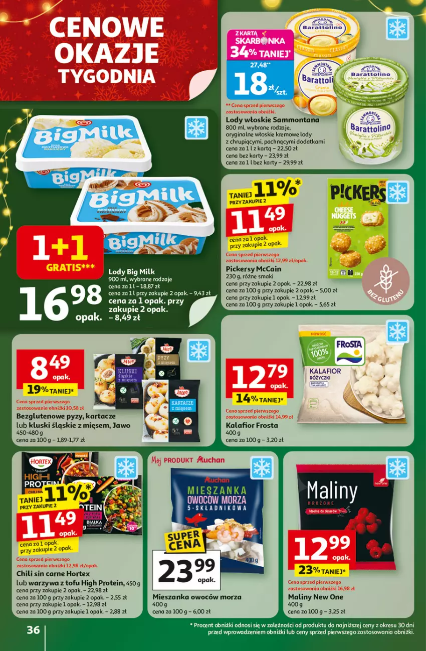 Gazetka promocyjna Auchan - Święta jak babcię kocham Hipermarket - ważna 27.11 do 03.12.2025 - strona 36 - produkty: Big Milk, Frosta, Gin, Hortex, Kalafior, Lody, Maliny, McCain, Pizza, Tofu, Warzywa