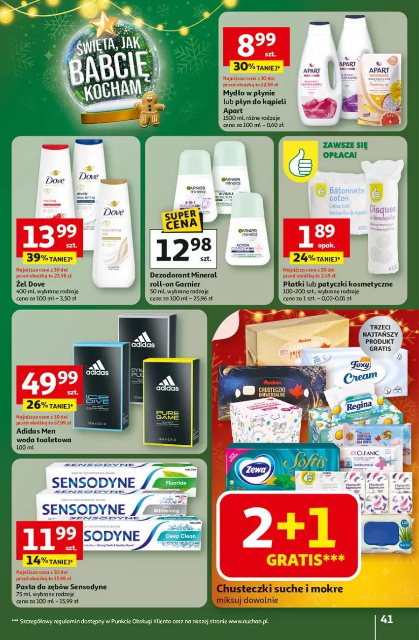 Gazetka promocyjna Auchan - Święta jak babcię kocham Hipermarket - ważna 27.11 do 03.12.2025 - strona 41 - produkty: Adidas, Chusteczki, Dove, Garnier, Gra, Mydło, Mydło w płynie, Pasta do zębów, Patyczki kosmetyczne, Płyn do kąpieli, Sensodyne, Woda, Woda toaletowa
