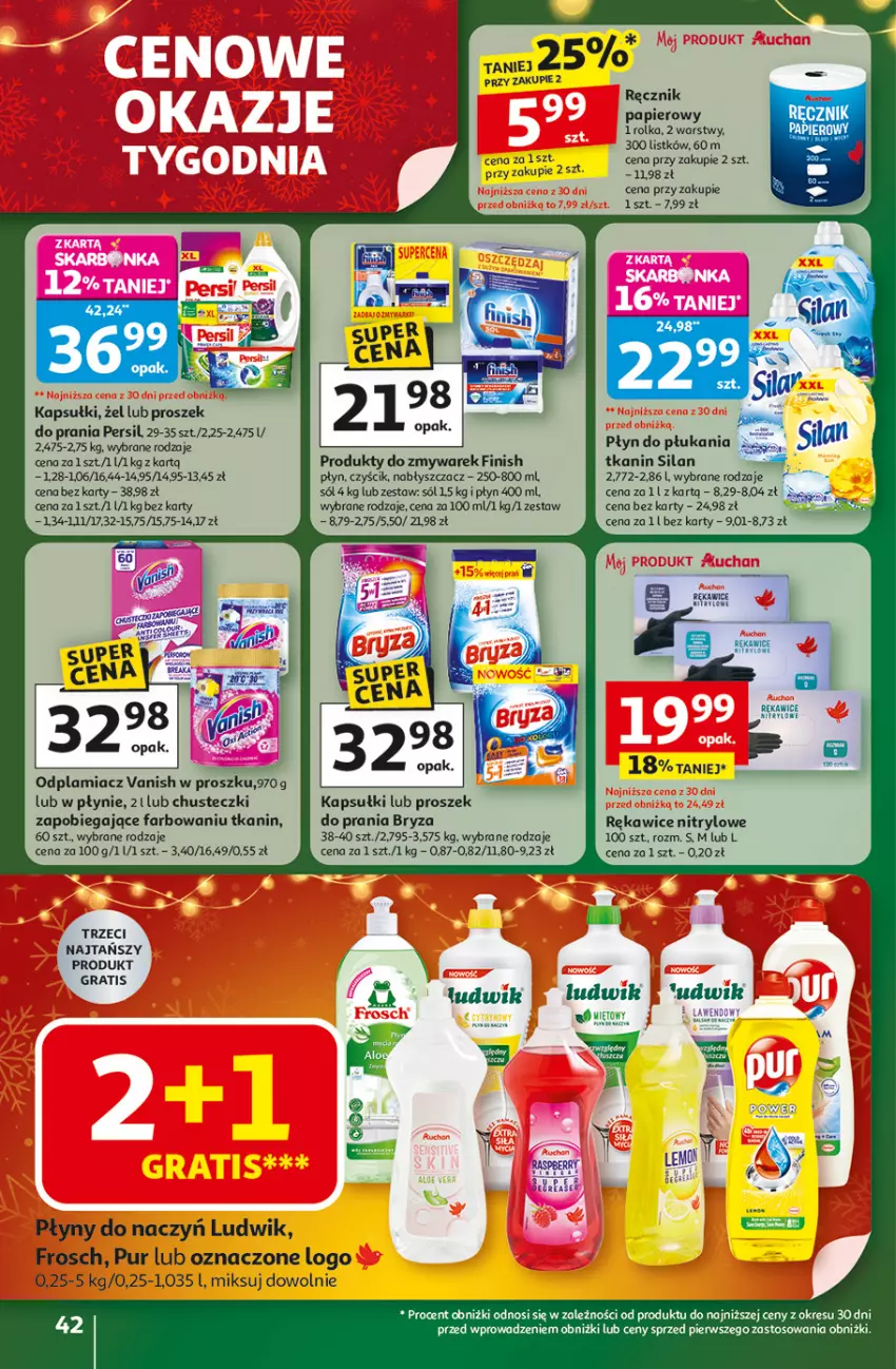 Gazetka promocyjna Auchan - Święta jak babcię kocham Hipermarket - ważna 27.11 do 03.12.2025 - strona 42 - produkty: Bryza, Chusteczki, Fa, Finish, Frosch, Gra, Ludwik, Odplamiacz, Papier, Persil, Płyn do płukania, Produkty do zmywarek, Proszek do prania, Pur, Ręcznik, Rękawice, Silan, Sól, Vanish