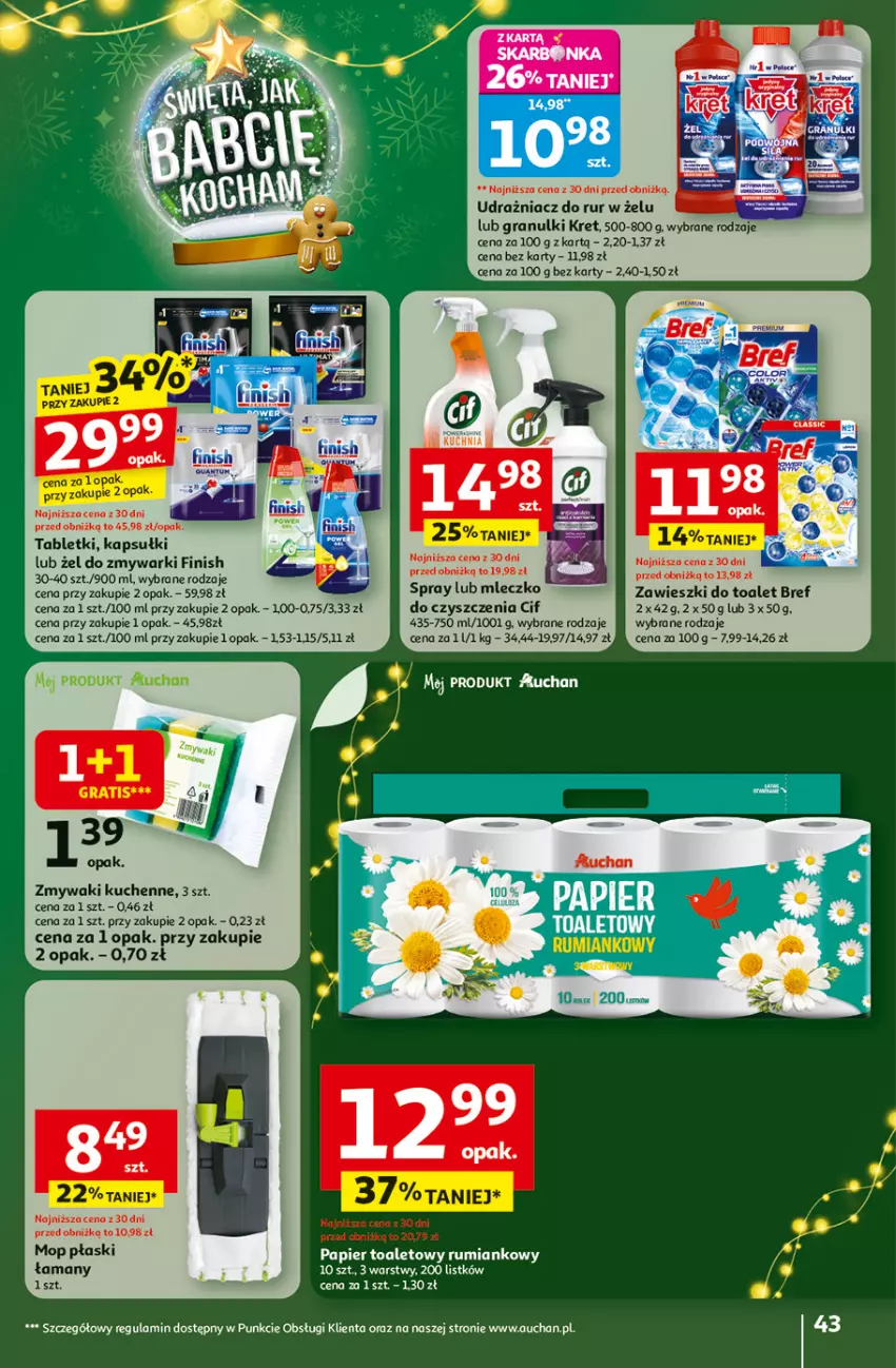 Gazetka promocyjna Auchan - Święta jak babcię kocham Hipermarket - ważna 27.11 do 03.12.2025 - strona 43 - produkty: Bref, Cif, Finish, Gra, Kret, Kuchnia, Mleczko, Mop, Papier, Papier toaletowy, Rama, Rum, Tablet, Zawieszki, Zmywaki kuchenne, Zmywarki