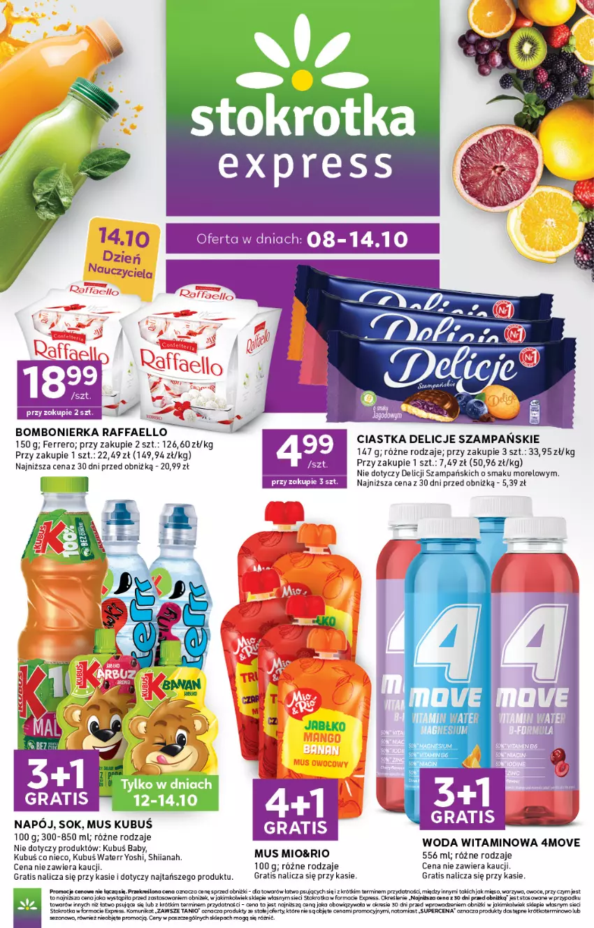Gazetka promocyjna Stokrotka - Express - ważna 08.10 do 14.10.2026 - strona 1 - produkty: Ciastka, Delicje, Fa, Ferrero, Gra, Kubuś, Mięso, Mus, Napój, Owoce, Raffaello, Sok, Warzywa, Woda