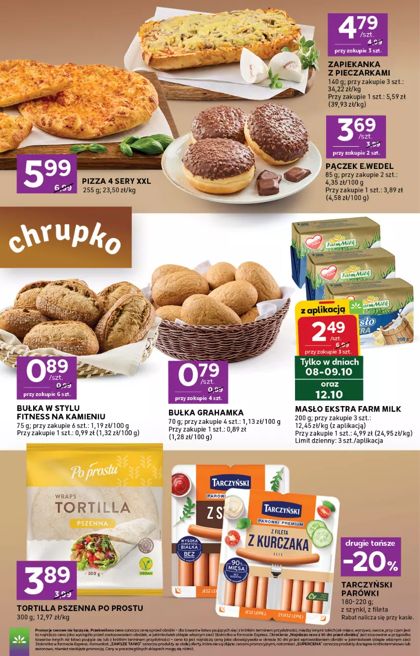 Gazetka promocyjna Stokrotka - Express - ważna 08.10 do 14.10.2026 - strona 3 - produkty: Bułka, Bułka grahamka, Fa, Farm Milk, Gra, Masło, Mięso, Owoce, Pączek, Piec, Pieczarka, Pizza, Ser, Tarczyński, Tortilla, Warzywa, Zapiekanka