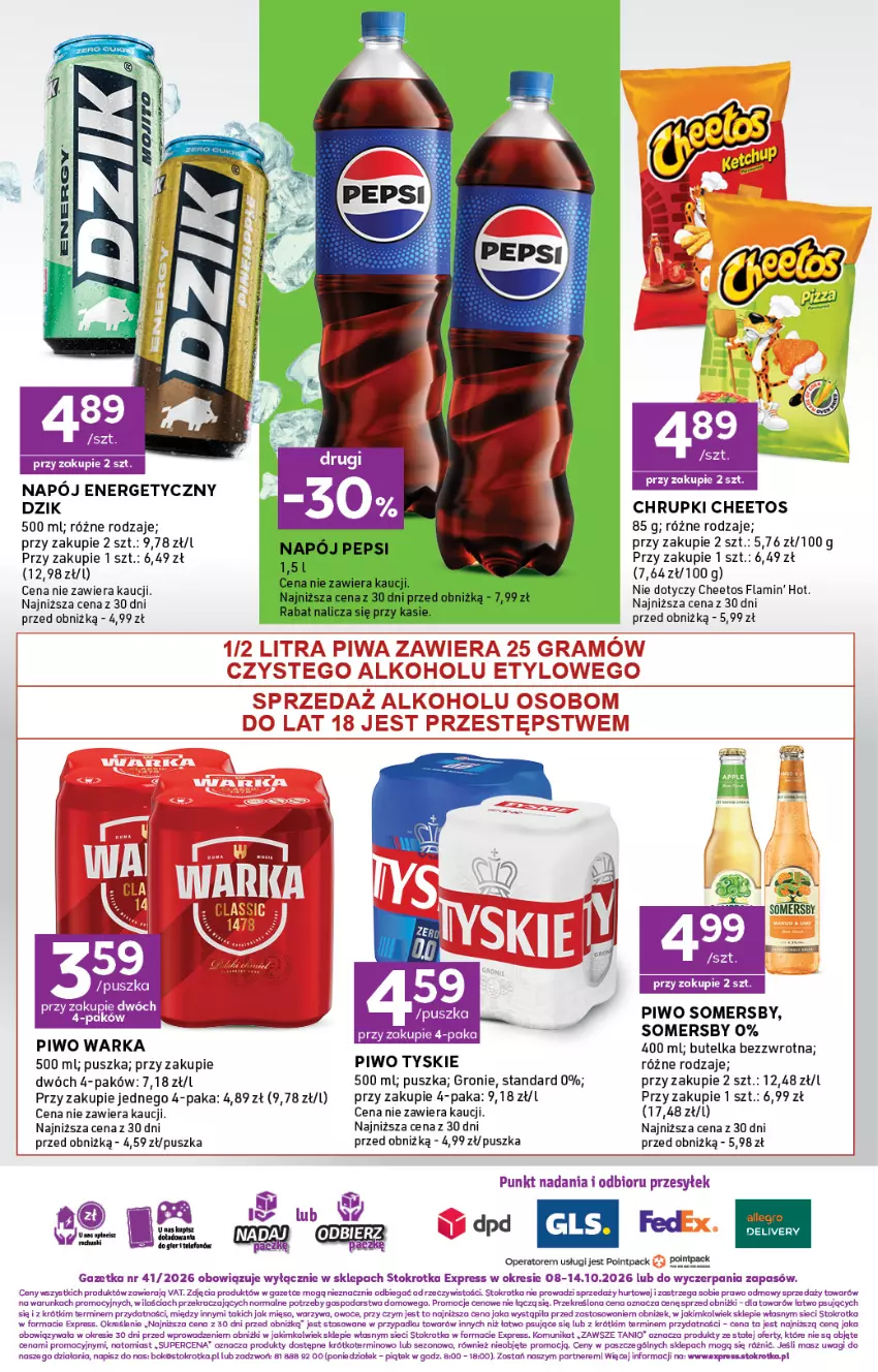 Gazetka promocyjna Stokrotka - Express - ważna 08.10 do 14.10.2026 - strona 6 - produkty: Cheetos, Chrupki, Gra, Mięso, Napój, Napój energetyczny, O nas, Owoce, Pepsi, Piwa, Piwo, Somersby, Tyskie, Wagi, Warka, Warzywa