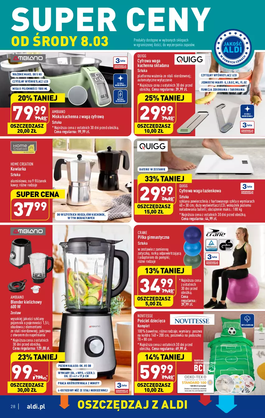 Gazetka promocyjna Aldi - Pełny katalog - ważna 06.03 do 11.03.2023 - strona 28 - produkty: Bateria, Blender, Dzieci, Gra, Kawiarka, LANA, Miska, Nuty, Pojemnik, Pokrywa, Pościel, Poszewka, Sok, Waga, Waga łazienkowa, Wełna