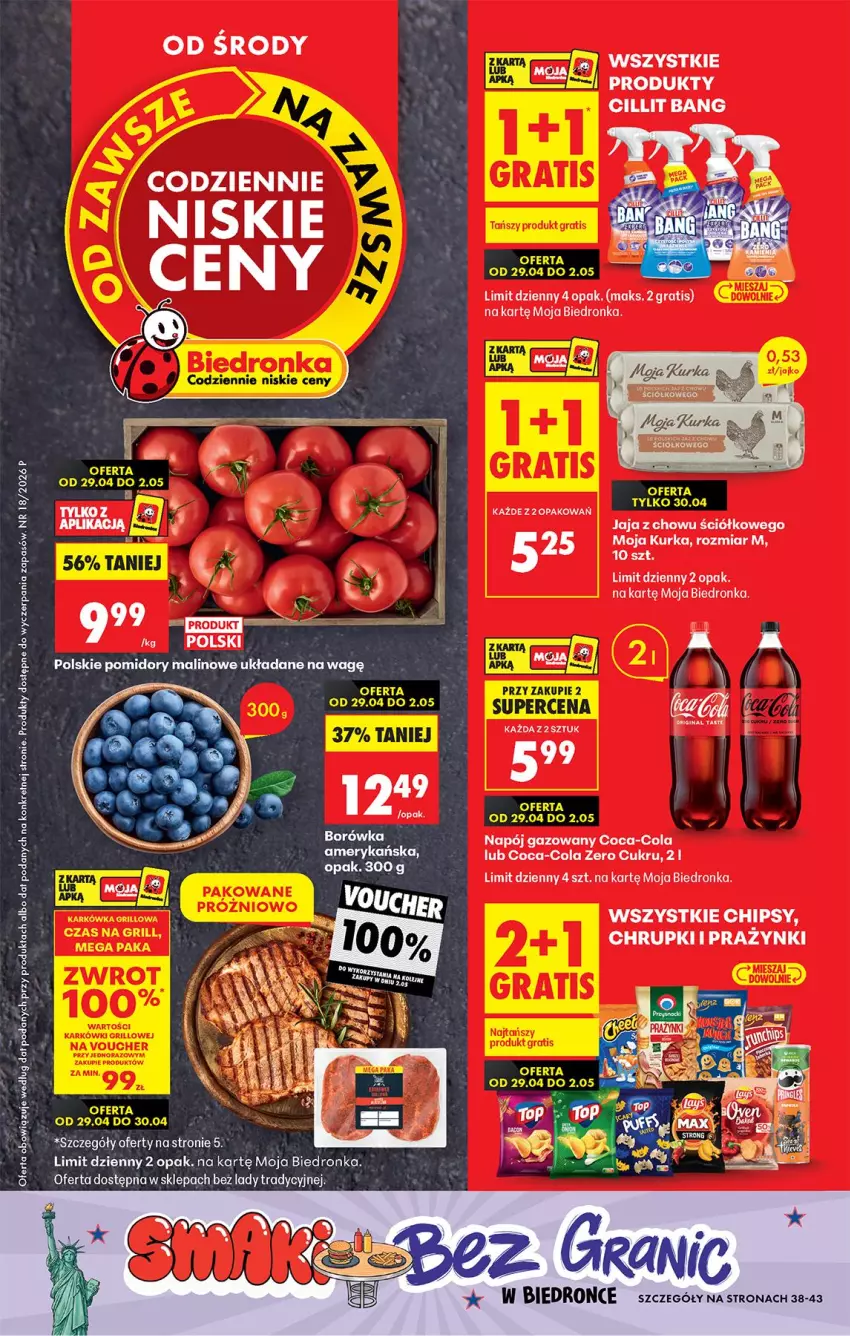 Gazetka promocyjna Biedronka - Od Środy - ważna 29.04 do 30.04.2026 - strona 1 - produkty: AEG, Chipsy, Chrupki, Cillit Bang, Coca-Cola, Fa, Gra, Jaja, Kret, Napój, Napój gazowany, Pomidory, Prazynki