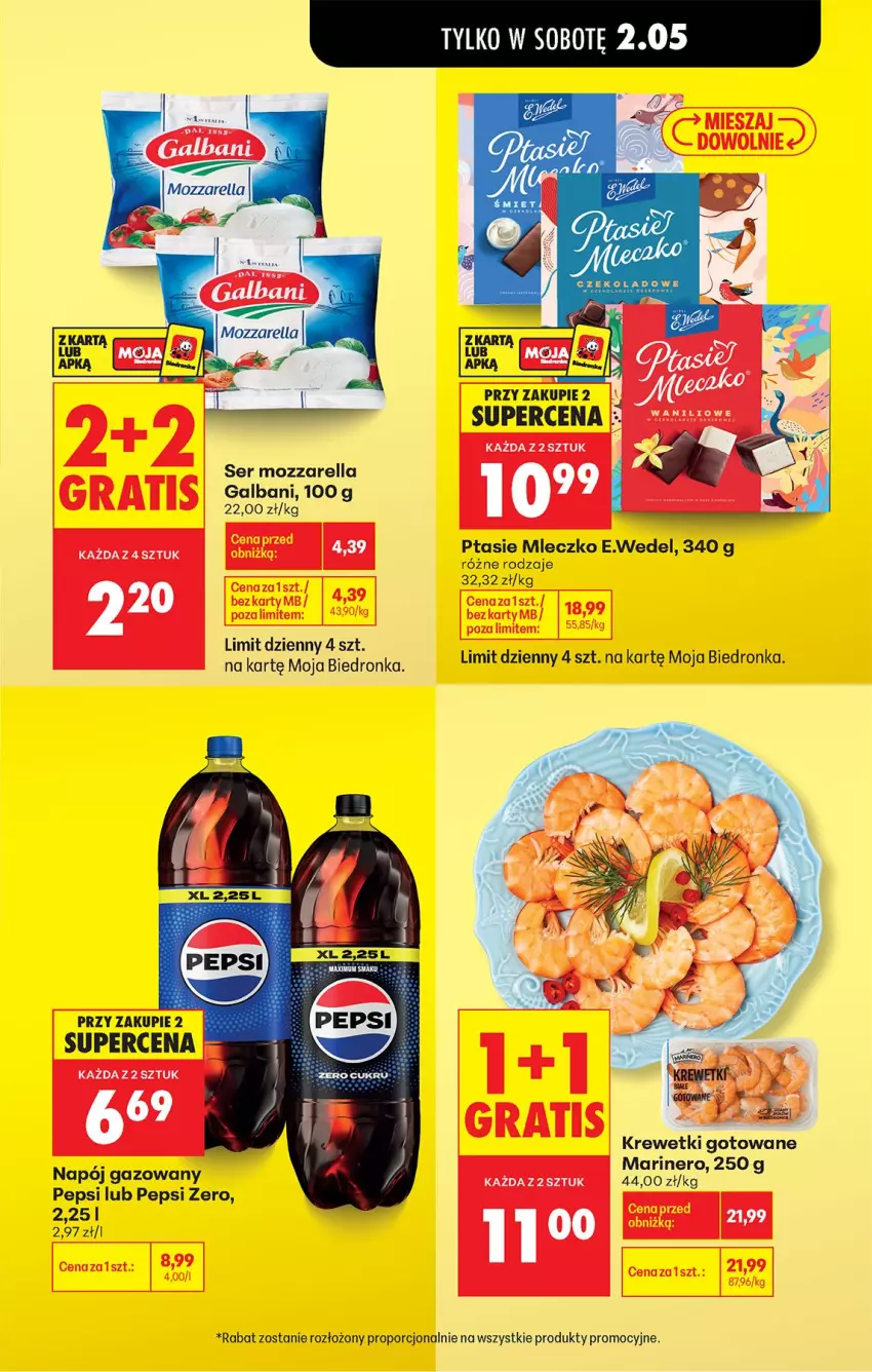Gazetka promocyjna Biedronka - Od Środy - ważna 29.04 do 30.04.2026 - strona 21 - produkty: Galbani, Krewetki, Mleczko, Mozzarella, Napój, Napój gazowany, Pepsi, Por, Ptasie mleczko, Ser