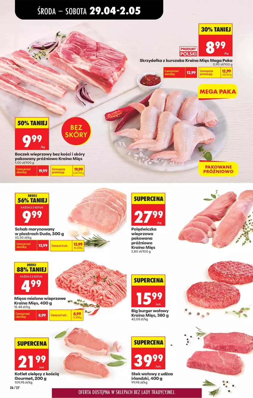 Gazetka promocyjna Biedronka - Od Środy - ważna 29.04 do 30.04.2026 - strona 42 - produkty: Boczek, Boczek wieprzowy, Burger, Duda, Fa, Kotlet, Kurczak, Mięso, Mięso mielone, Skrzydełka z kurczaka, Stek, Stek wołowy