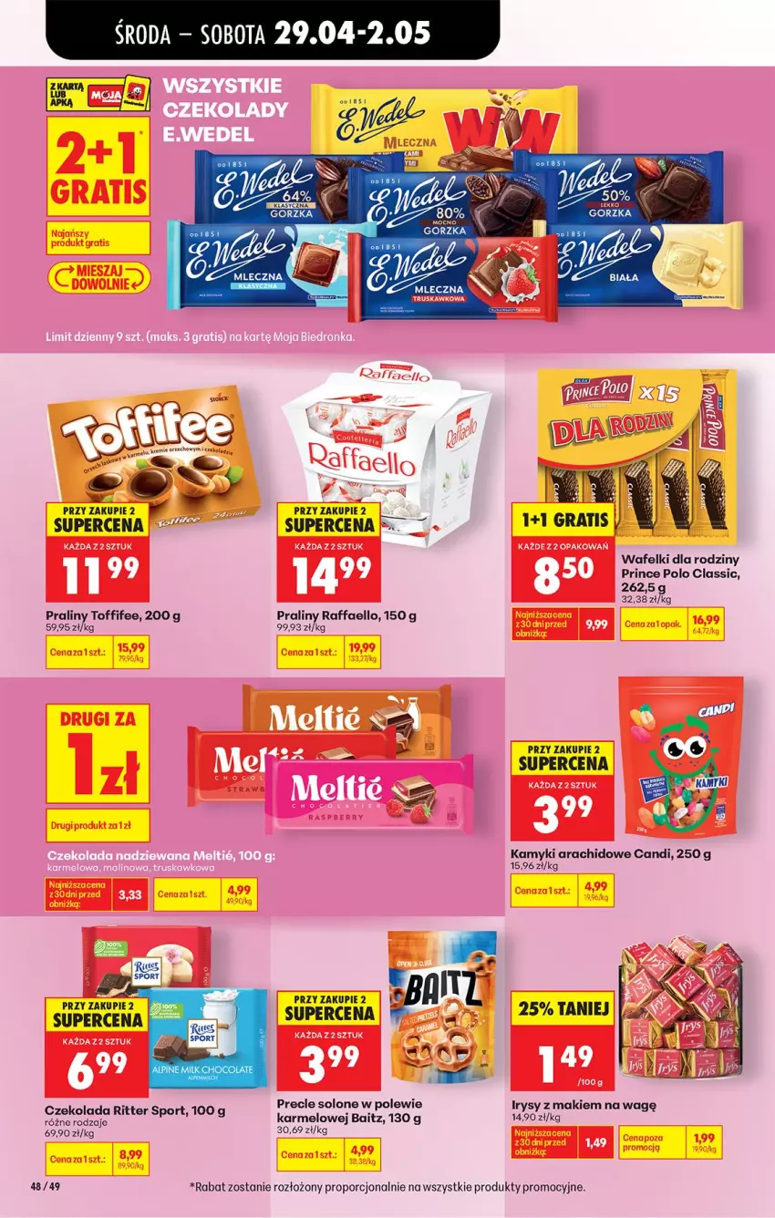 Gazetka promocyjna Biedronka - Od Środy - ważna 29.04 do 30.04.2026 - strona 75 - produkty: Ba!, Czekolada, Fa, Kamyki arachidowe, Por, Praliny, Precle, Prince Polo, Raffaello, Ritter Sport, Sport, Toffifee