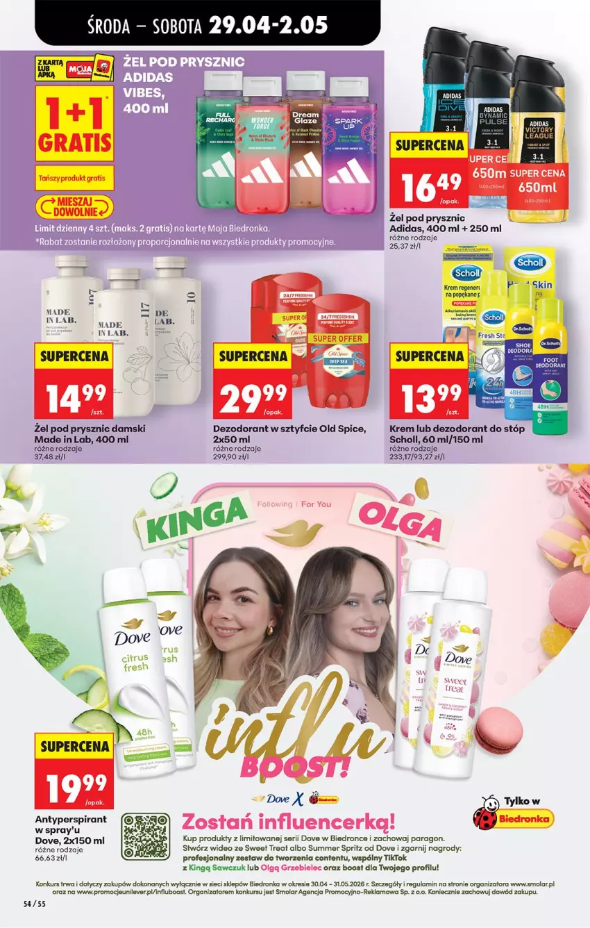 Gazetka promocyjna Biedronka - Od Środy - ważna 29.04 do 30.04.2026 - strona 83 - produkty: Adidas, Antyperspirant, Dezodorant, Dove, LG, Mola, Old Spice, Olej, Scholl, Ser, Sos