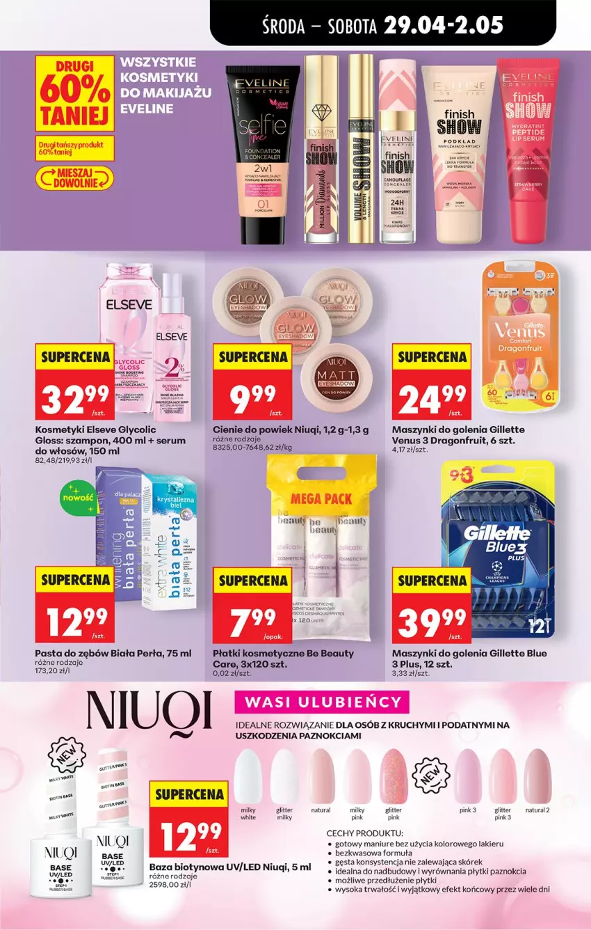 Gazetka promocyjna Biedronka - Od Środy - ważna 29.04 do 30.04.2026 - strona 84 - produkty: Be Be, Elseve, Finish, Gillette, Lakier, Niuqi, Pasta do zębów, Perła, Płatki kosmetyczne, Podkład, Rum, Ser, Serum, Serum do włosów, Sok, Szampon, Tran, Venus