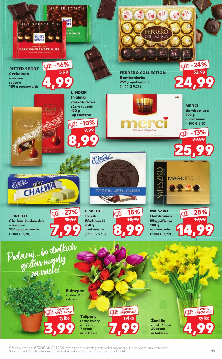 Gazetka promocyjna Kaufland - Dodatek WIELKANOC - ważna 18.03 do 03.04.2021 - strona 19 - produkty: Bomboniera, Chałwa, Czekolada, E. Wedel, Ferrero, Lindor, Lody, Merci, Por, Ritter Sport, Sport, Tulipan