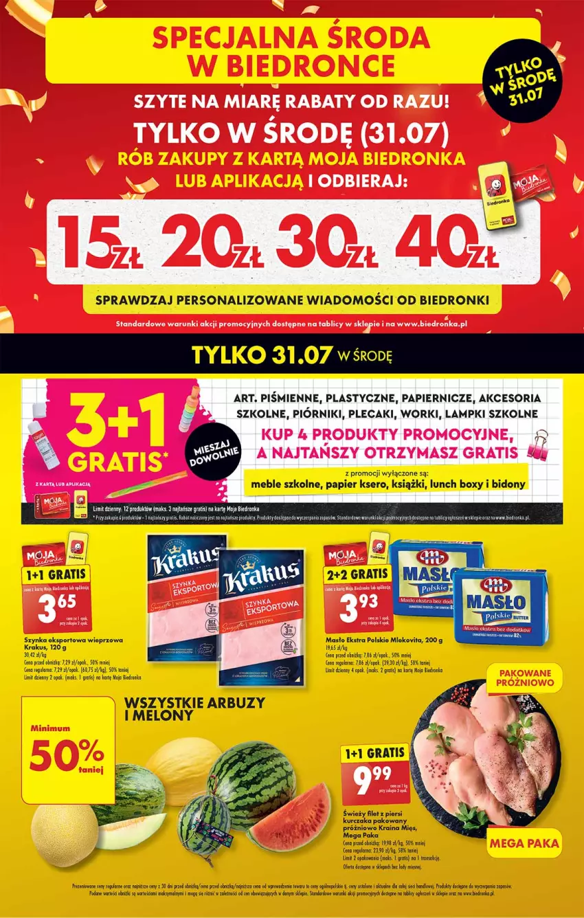 Gazetka promocyjna Biedronka - Tylko w środę - ważna 31.07 do 31.07.2024 - strona 1 - produkty: Arbuz, Fa, Gala, Gra, Krakus, Kurczak, Lunch box, Malm, Masło, Meble, Melon, Mleko, Papier, Por, Rogal, Ser, Sport, Szynka, Tran