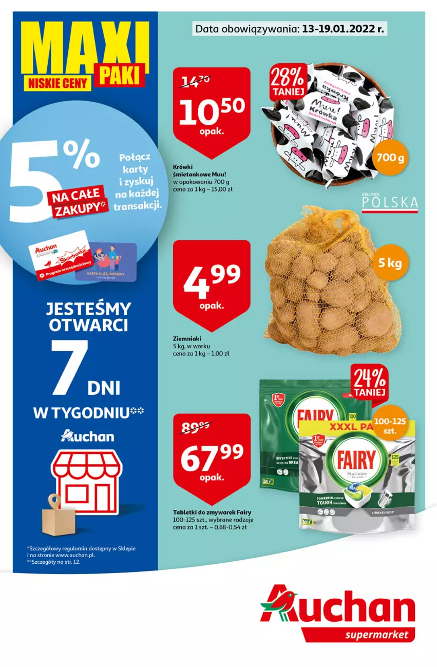 Gazetka promocyjna Auchan - Maxi Paki Niskie Ceny Supermarkety - ważna 13.01 do 19.01.2022 - strona 1 - produkty: Fa, Fairy, Tablet, Ziemniaki